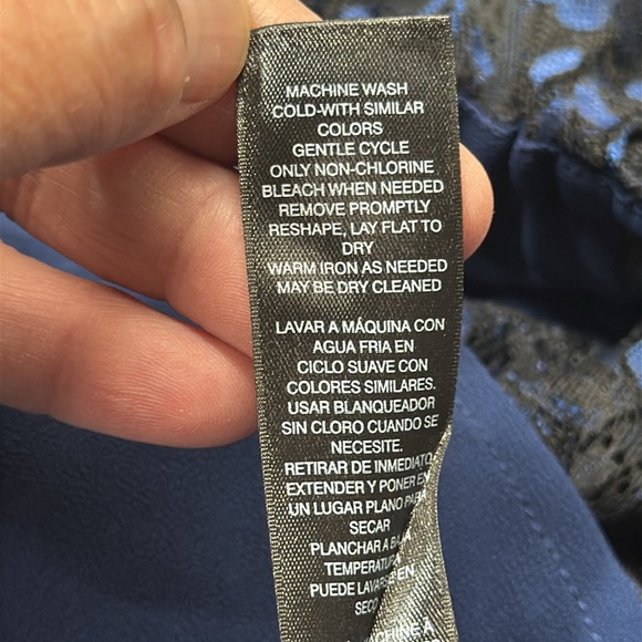 White House Black Market Navy Blue Black Lace Bell Sleeve Off The Shoulder Top - Picture 11 of 12